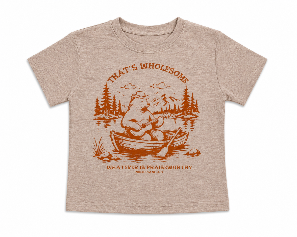 Faith-inspired kids tee with outdoor scene and "Whatever Is Praiseworthy" Philippians 4:8 graphicFaith-inspired shepherd graphic tee, a reminder of comfort and provision echoing Psalm 23