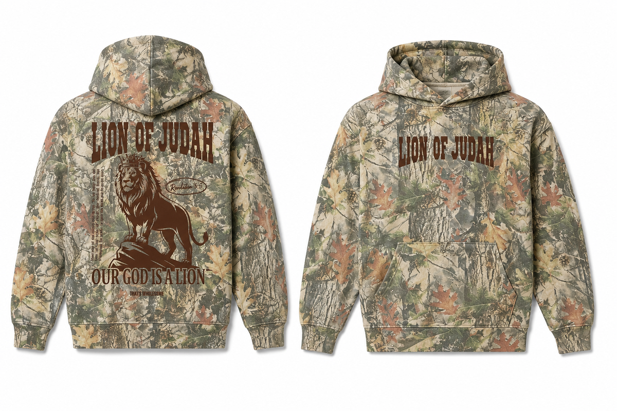 Lion of Judah camo hoodie, front and back, with lion of the tribe of Judah graphic and Scripture-inspired design