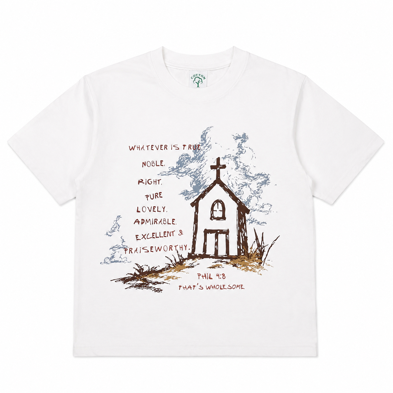 White t-shirt with a graphic of a church and text on a white background
