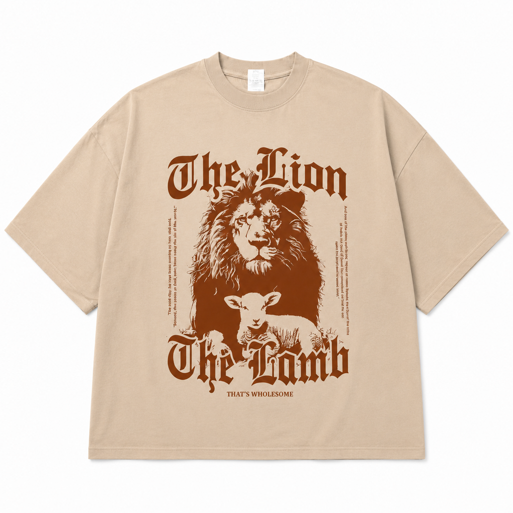 Beige t-shirt with lion and lamb graphic and text on a white background