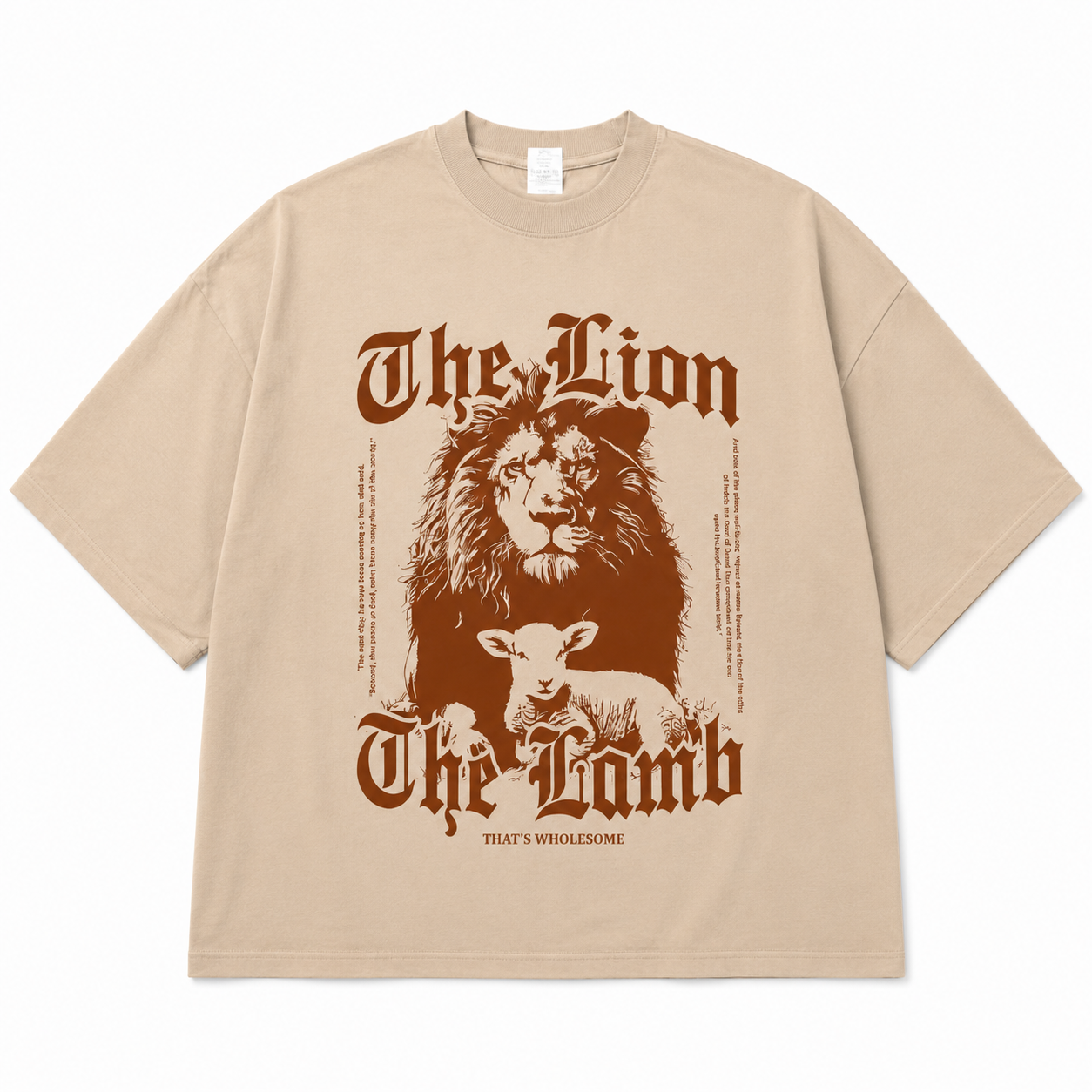 Beige t-shirt with lion and lamb graphic and text on a white background