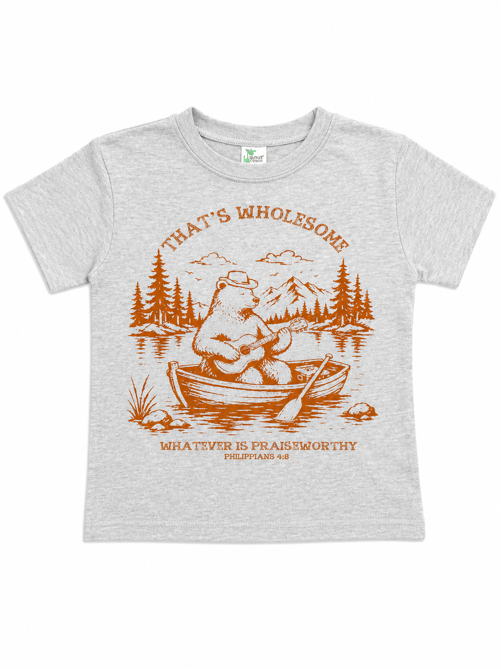 Heather gray toddler t-shirt flat lay with a rust-colored graphic of a bear playing guitar in a rowboat, surrounded by pine trees and mountains, with the text "That's Wholesome" and "Whatever is Praiseworthy, Philippians 4:8."