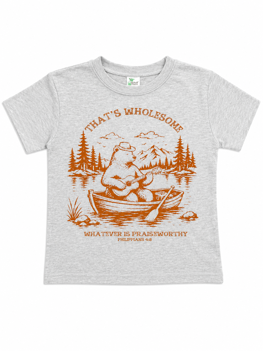 Heather gray toddler t-shirt flat lay with a rust-colored graphic of a bear playing guitar in a rowboat, surrounded by pine trees and mountains, with the text "That's Wholesome" and "Whatever is Praiseworthy, Philippians 4:8."