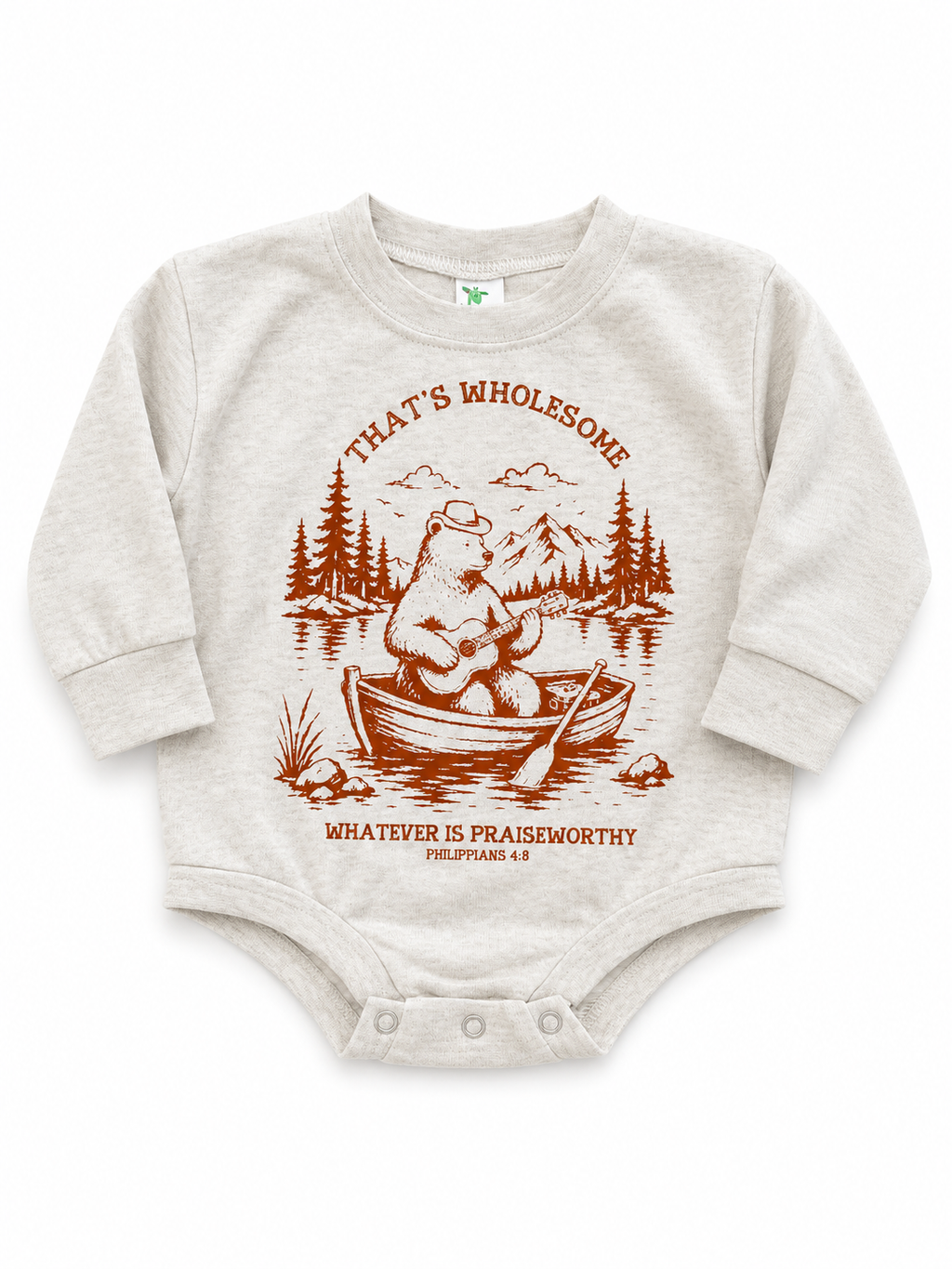 A light heather gray baby bodysuit featuring a brown graphic of a bear in a boat on a lake, with the text 'THAT'S WHOLESOME' and 'WHATEVER IS PRAISEWORTHY PHILIPPIANS 4:8'.