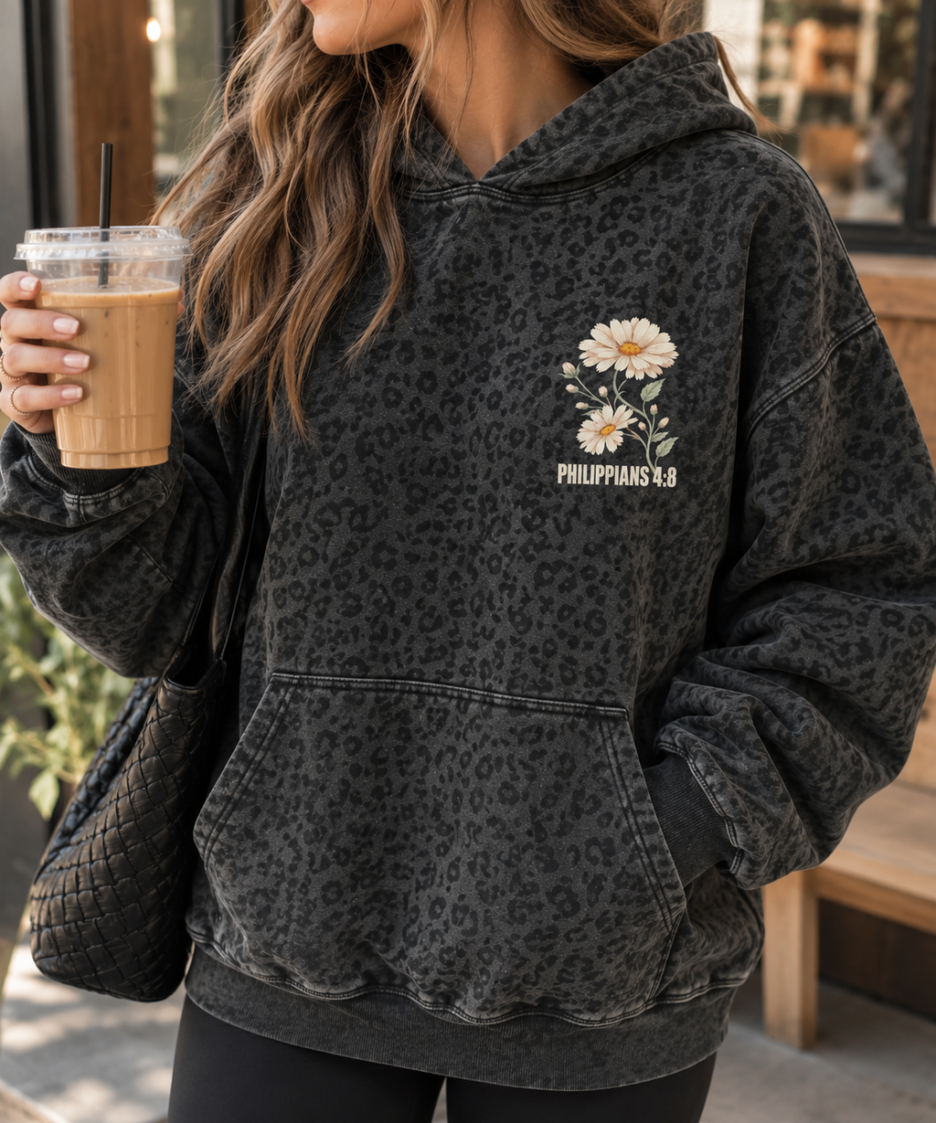 Adult Philippians 4:8 Black Leopard Hoodie