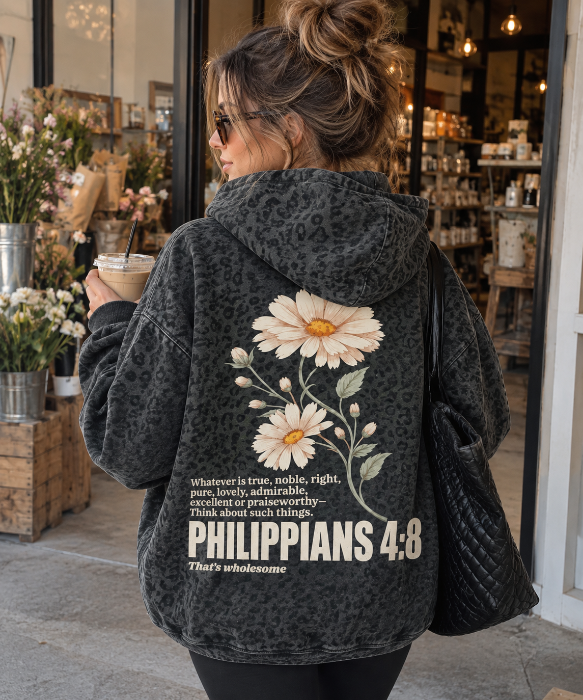 Adult Philippians 4:8 Black Leopard Hoodie