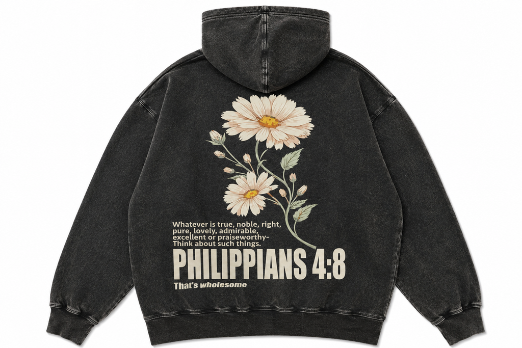 Black hoodie with floral design and text on the back against a white background
