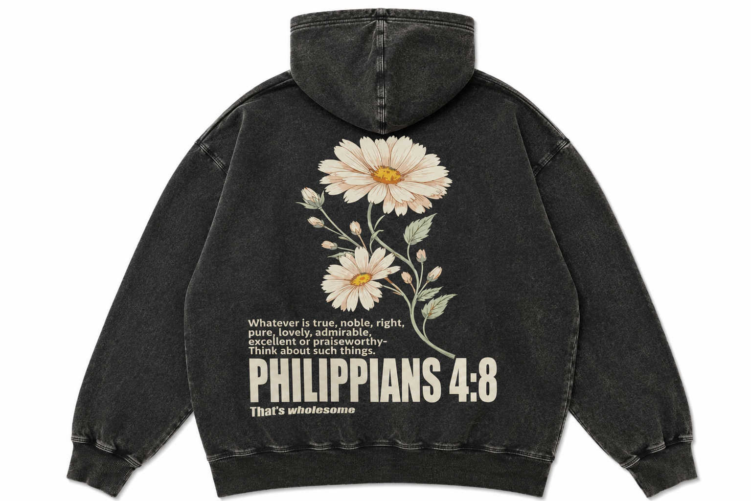 Black hoodie with floral design and text on the back against a white background
