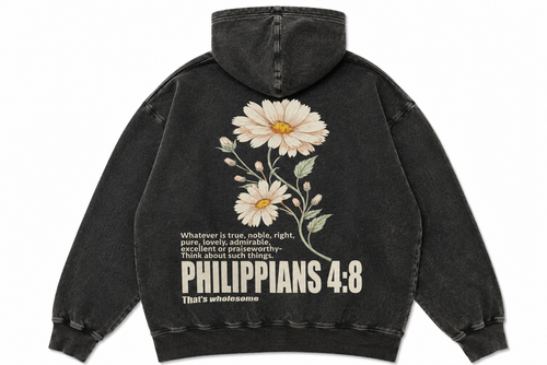 Black hoodie with floral design and text on the back against a white background