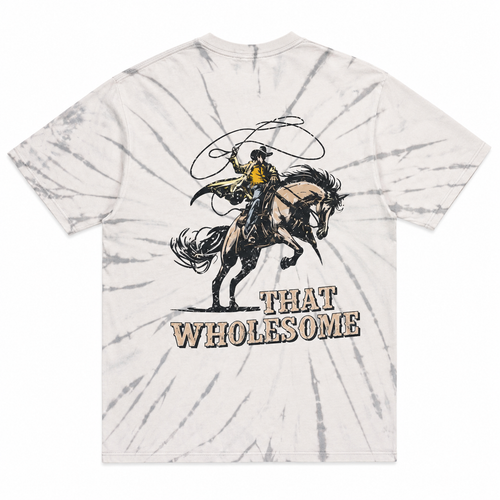 Tie-dye t-shirt with a cowboy riding a bucking horse graphic and 'THAT'S WHOLESOME' text on the back