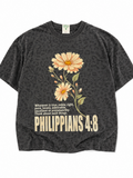 Charcoal leopard-print kids t-shirt with a floral graphic and 'Philippians 4:8' text on the front