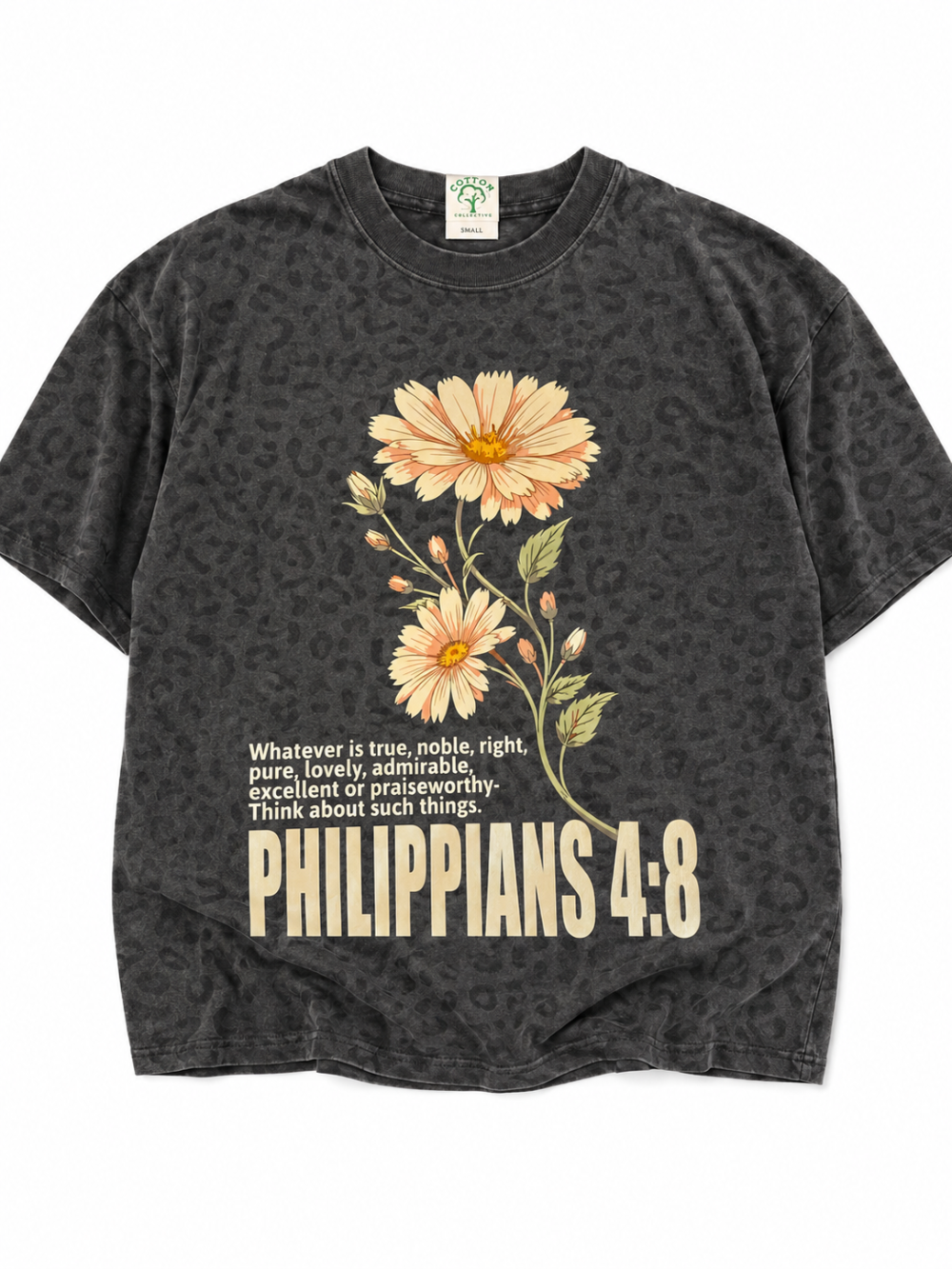 Charcoal leopard-print kids t-shirt with a floral graphic and 'Philippians 4:8' text on the front