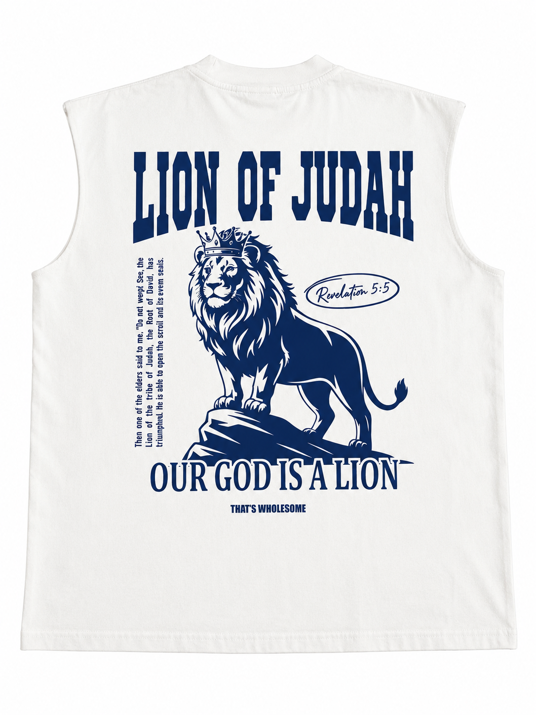 White sleeveless shirt with blue lion graphic and text on a white background