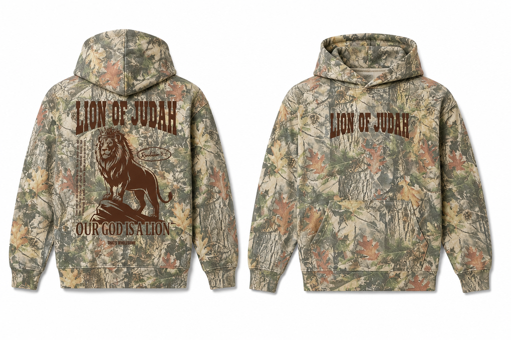 Front and back views of a camouflage pullover hoodie. The front features a woodland camo pattern with 'LION OF JUDAH' printed in brown arched text across the chest.