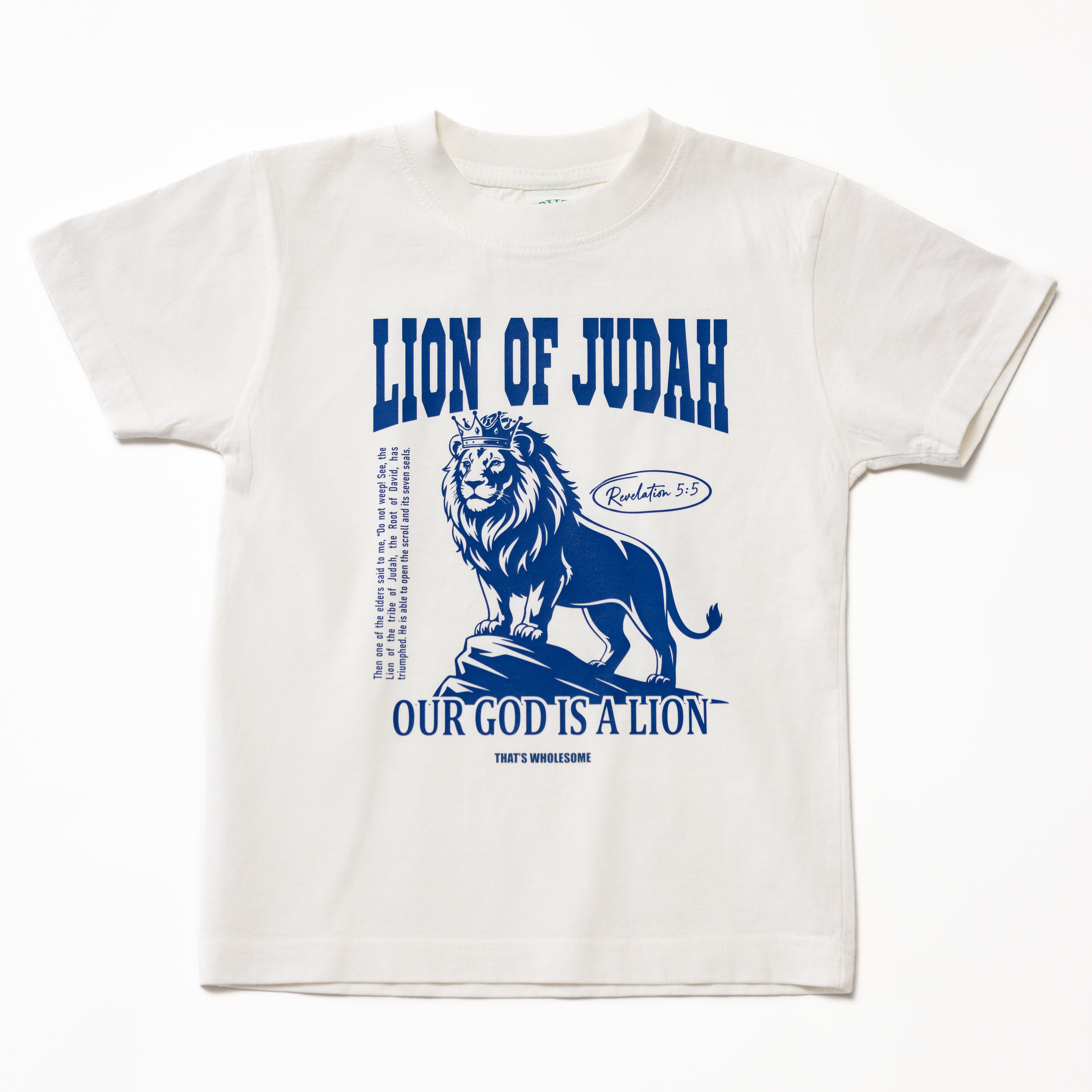 White t-shirt with blue lion graphic and text on a white background
