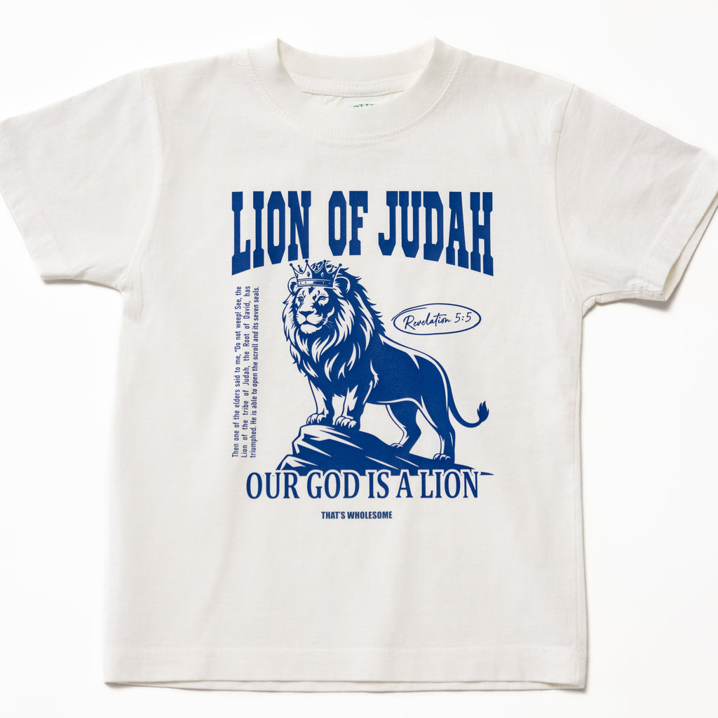 White t-shirt with blue lion graphic and text on a white background