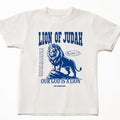 White t-shirt with blue lion graphic and text on a white background