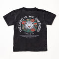Black adult t-shirt with a sheep and floral graphic, 'The Lord Is My Shepherd' and 'Psalm 23' text on the back