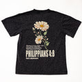Black leopard-print t-shirt with a floral graphic and 'Philippians 4:8' text on the back